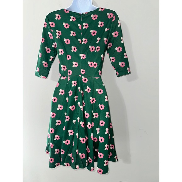 Unique Vintage GB Fit and Flare Dress XS‎ Floral Green Pink Flower Power - Picture 4 of 6